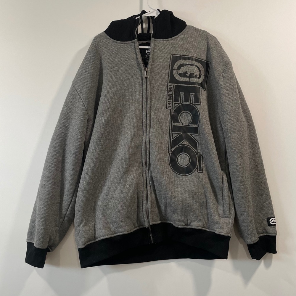 Ecko Mens Gray Sherpa Lined Full Zip Hoodie Jacket XL Rhino Logo Heavyweight Y2K